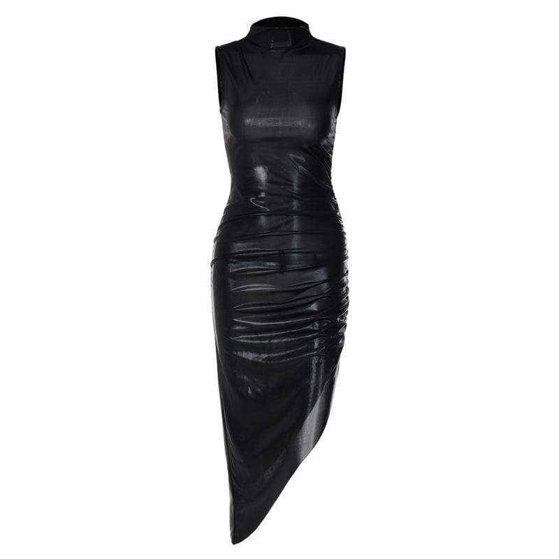 Metallic irregular high neck sleeveless ruched midi dress