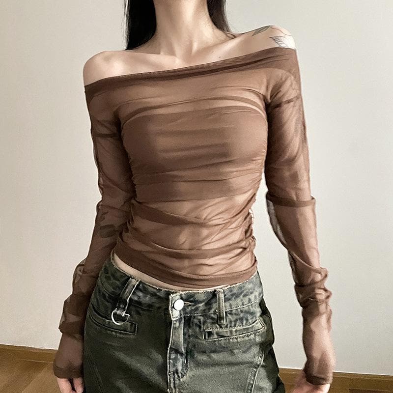 Mesh off shoulder ruched solid long sleeve 2 piece top