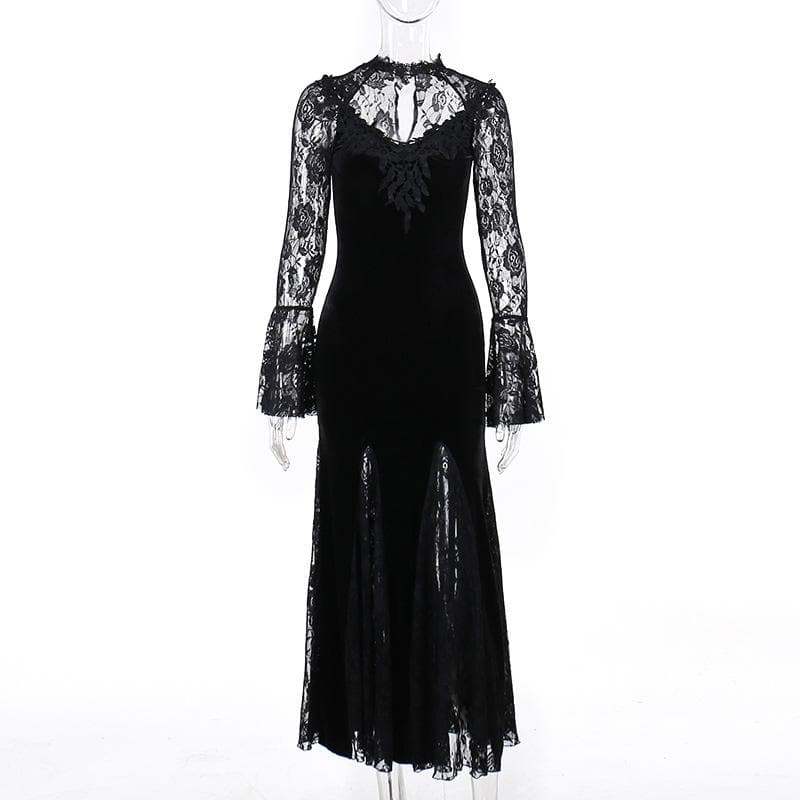 Long flared sleeve crewneck lace embroidery ruffle maxi dress