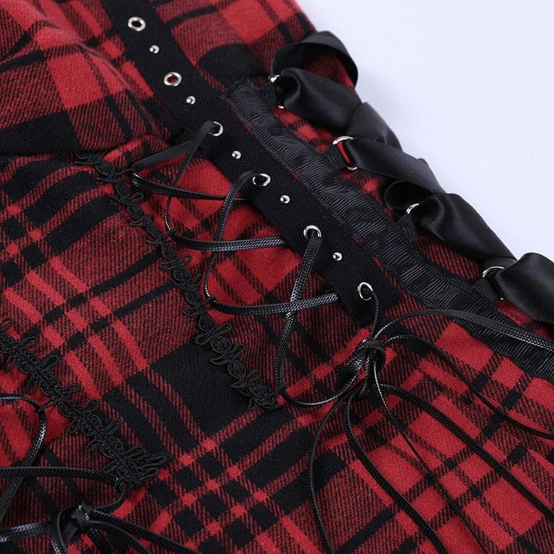 Backless ruched lace hem plaid lace up zip-up mini dress | victorian gothic dresses