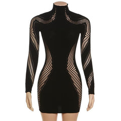 Hollow out solid long sleeve fishnet high neck cut out mini dress
