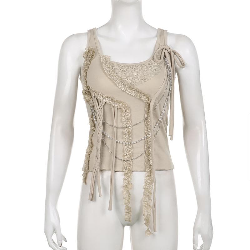 Metal chain sleeveless lace hem irregular solid top