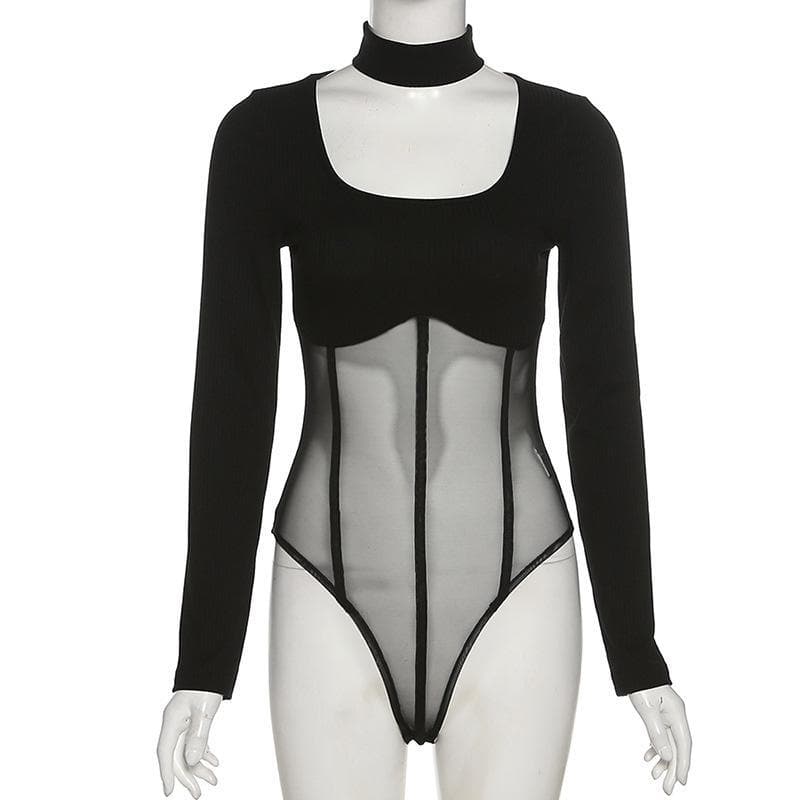 High neck mesh patchwork bodysuit