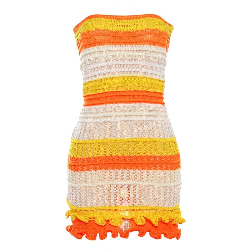 Backless ruffle contrast striped crochet tube dress