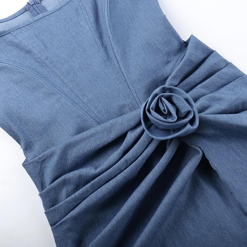 High slit bustier denim flower applique mini dress