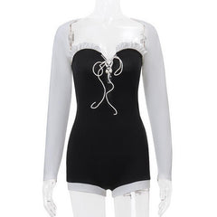 Long sleeve lace up shrug ribbed contrast 2 piece romper