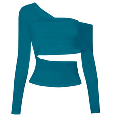 Long sleeve one shoulder hollow out solid irregular backless cut out top