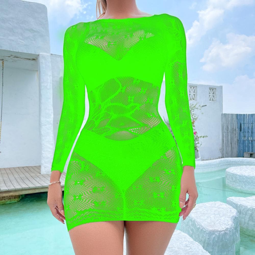 Long sleeve crewneck fishnet pattern mini dress