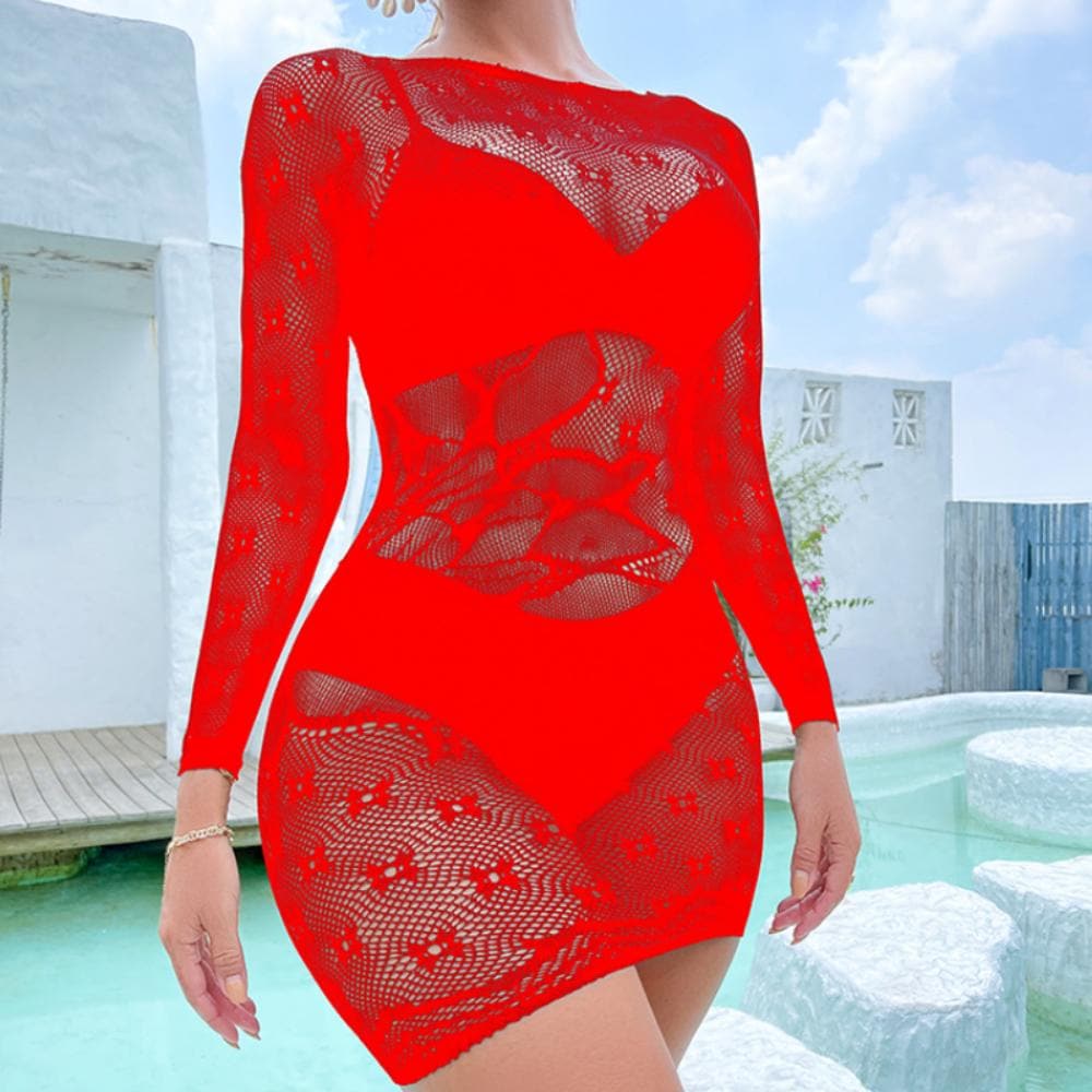 Long sleeve crewneck fishnet pattern mini dress